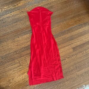 ARE YOU AM I Red Satin Slip Dress w/ Slit & Raw Hem – Sexy Minimalist (small)